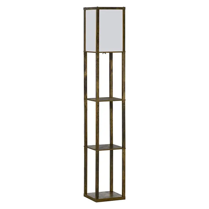 Homcom Stehleuchte - 40 W, Rustikal Braun, Weiß, E27 - Dunkle Holzoptik Stehleuchte mit drei integrierten Ablagen und quadratischem Lampenschirm.