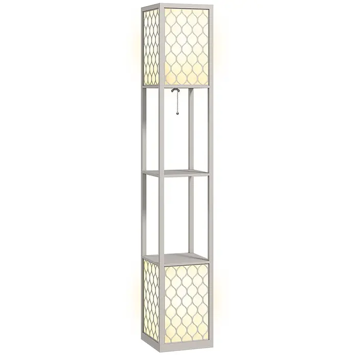 Homcom Stehleuchte - 40 W, Höhe: 156 cm, Hellgrau, Weiß, E27 - Hellgraue Stehlampe mit zwei beleuchteten Abschnitten, Gittermuster und zwei offenen Ablagen, bedient mit Zugkette.