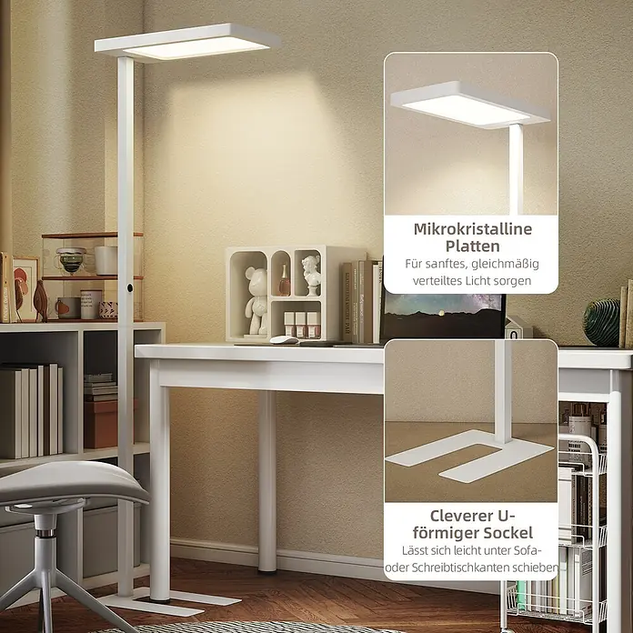 Homcom Stehleuchte - 40 W, Höhe: 196 cm, Weiß, Weiß - Weisse Stehlampe mit rechteckigem Kopf und U-förmigem Sockel unter einem Schreibtisch.