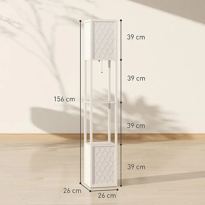 Homcom Stehleuchte - 40 W, Höhe: 156 cm, Hellgrau, Weiß, E27 - Weiße Stehlampe mit dekorativen gemusterten Paneelen und Ablagen, mit Zugschalter.