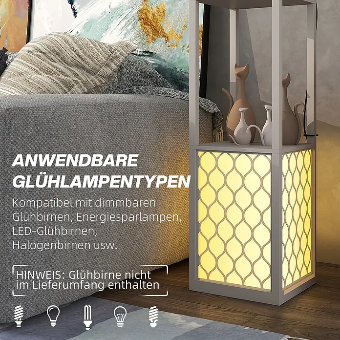 Homcom Stehleuchte - 40 W, Höhe: 156 cm, Hellgrau, Weiß, E27 - Hohe, rechteckige Stehlampe mit einem dekorativ beleuchteten Sockel, die neben einem Bett steht.