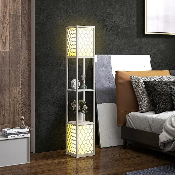 Homcom Stehleuchte - 40 W, Höhe: 156 cm, Hellgrau, Weiß, E27 - Weiße Stehlampe mit integrierten Regalen, warmes LED-Licht hinter gemusterten Paneelen, im Schlafzimmer stehend.