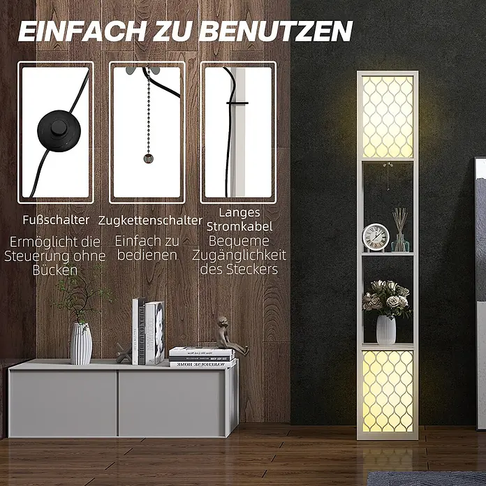 Homcom Stehleuchte - 40 W, Höhe: 156 cm, Hellgrau, Weiß, E27 - Weiße Standleuchte mit Regalen im Wohnzimmer, mit Fußschalter, Zugkette und langem Kabel für einfache Bedienung.