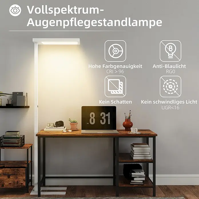 Homcom Stehleuchte - 40 W, Höhe: 196 cm, Weiß, Weiß - Weiße Vollspektrum-Augenpflegestandlampe beleuchtet einen Schreibtisch mit Laptop und Büchern, hebt augenfreundliche Eigenschaften hervor.