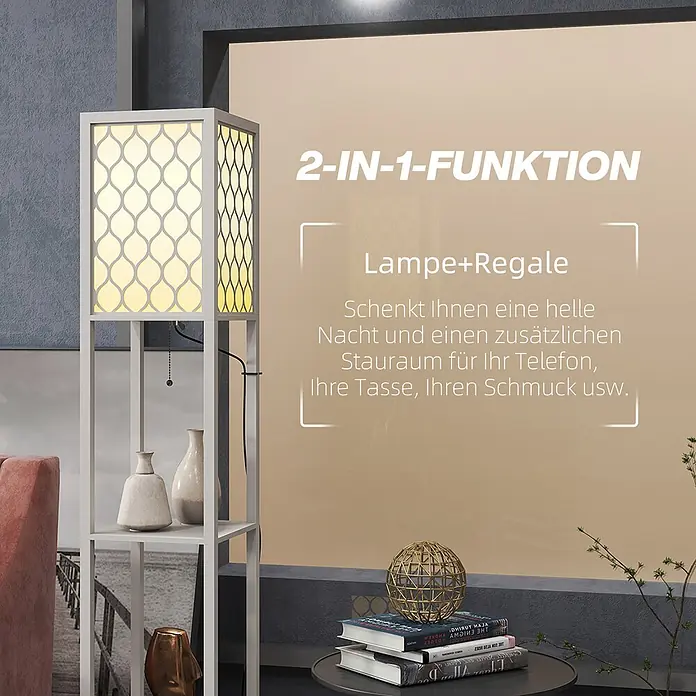 Homcom Stehleuchte - 40 W, Höhe: 156 cm, Hellgrau, Weiß, E27 - Eine weiße Stehlampe mit integrierten Regalen und einem gemusterten Lichtpanel in einem modernen Wohnzimmer. Sie bietet Beleuchtung und Stauraum.