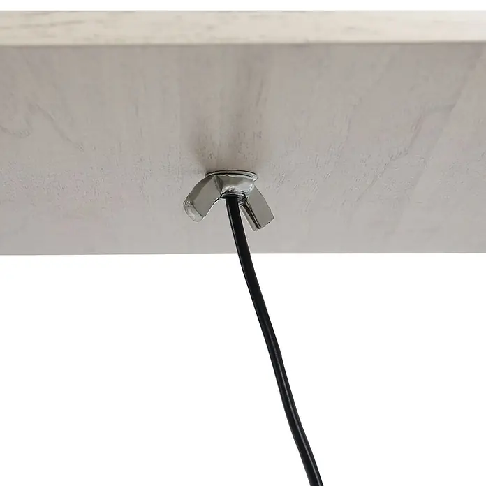 Homcom Stehleuchte - 40 W, Höhe: 160 cm, Natur, Weiß, E27 - Schwarzes Kabel mit Flügelmutter und Unterlegscheibe an heller Holzplatte befestigt.