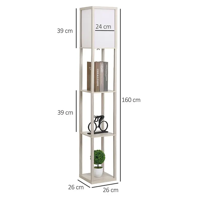 Homcom Stehleuchte - 40 W, Höhe: 160 cm, Natur, Weiß, E27 - Stehleuchte aus hellem Holz mit weißem Stoffschirm und drei integrierten Ablagefächern.