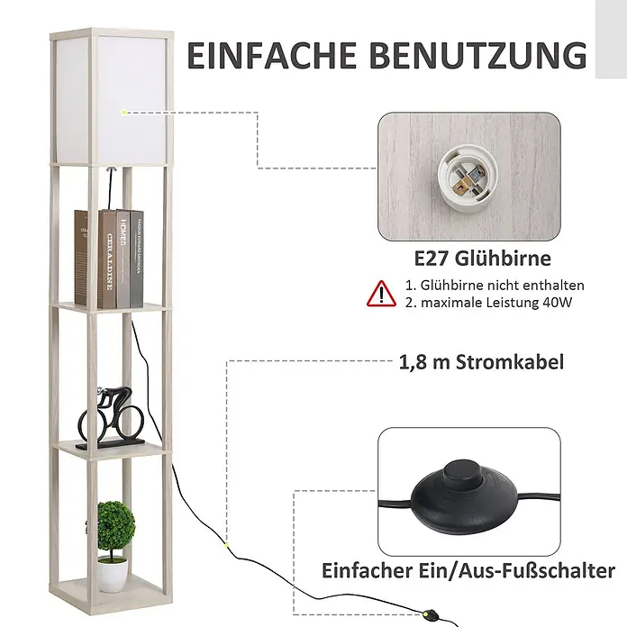 Homcom Stehleuchte - 40 W, Höhe: 160 cm, Natur, Weiß, E27 - Holz-Standlampe mit Regalflächen und weißem Schirm, E27-Fassung, 1,8m Kabel und Fußschalter.