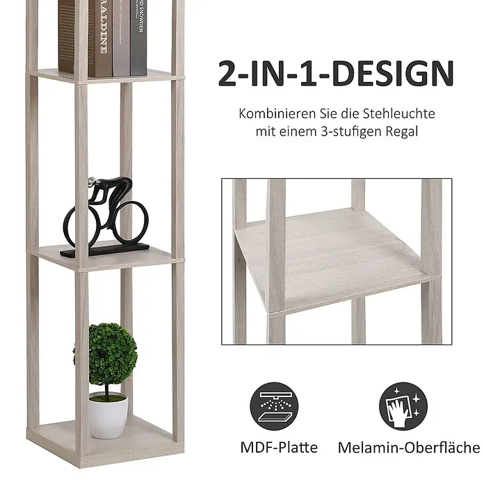 Homcom Stehleuchte - 40 W, Höhe: 160 cm, Natur, Weiß, E27 - Helle Holzoptik 2-in-1 Stehleuchte mit 3-stufigen MDF-Regalen und Melaminoberfläche.