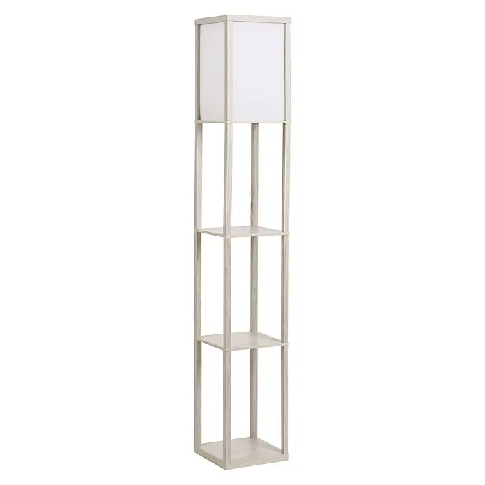 Homcom Stehleuchte - 40 W, Höhe: 160 cm, Natur, Weiß, E27 - Stehlampe mit integrierten Regalböden in heller Holzoptik.