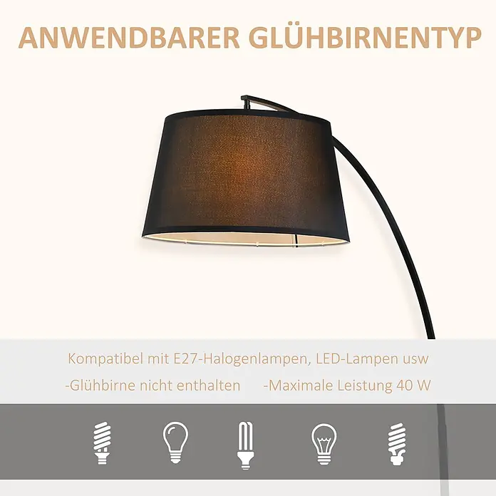 Homcom Stehleuchte - 40 W, Höhe: 190 cm, Schwarz, Schwarz, E27 - Schwarze Bogenlampe mit Information zu E27-Glühbirnentypen und max. 40W Leistung.