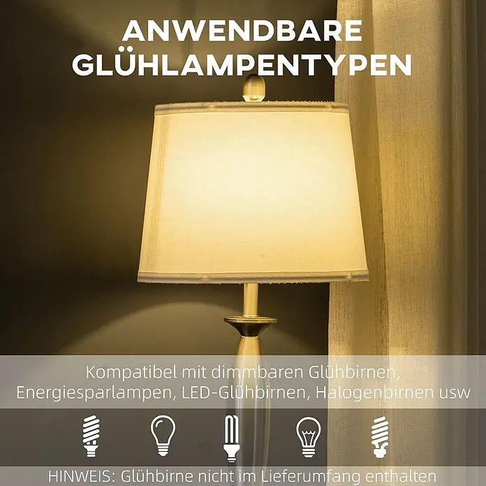 Homcom Stehleuchte - 40 W, Höhe: 162 cm, Silber, Weiß, E27 - Tischlampe mit cremefarbenem Schirm und warmem Licht. Text listet kompatible Leuchtmittel auf.