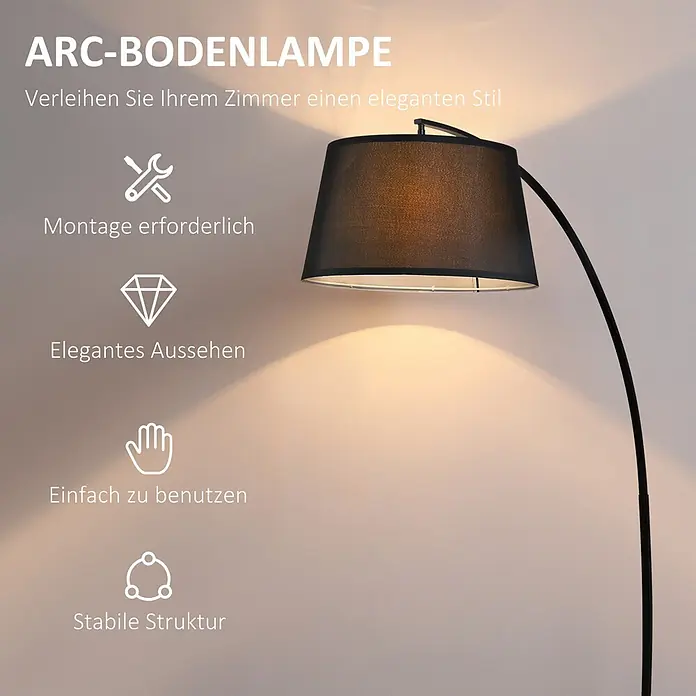 Homcom Stehleuchte - 40 W, Höhe: 190 cm, Schwarz, Schwarz, E27 - Schwarze Bogen-Stehlampe mit Stoffschirm, die einen eleganten Stil in den Raum bringt.