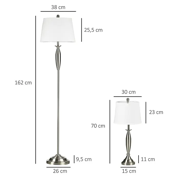 Homcom Stehleuchte - 40 W, Höhe: 162 cm, Silber, Weiß, E27 - Set aus zwei Lampen aus gebürstetem Nickel mit weißen Stoffschirmen, eine Stehleuchte (162 cm) und eine Tischleuchte (70 cm).
