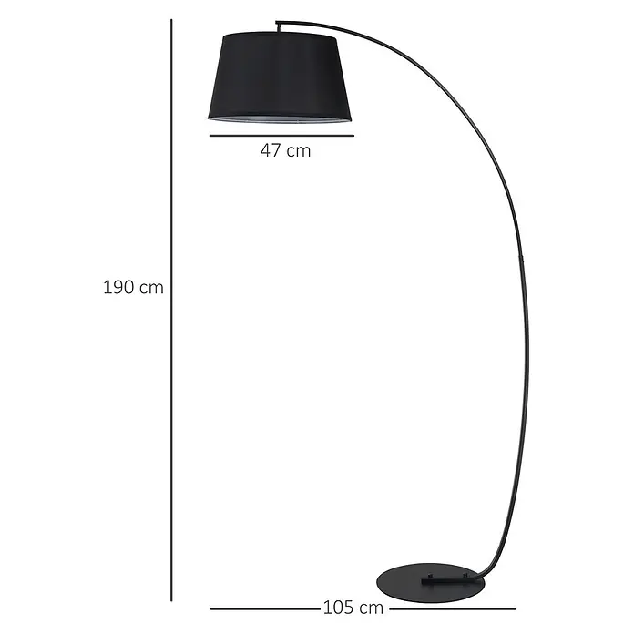 Homcom Stehleuchte - 40 W, Höhe: 190 cm, Schwarz, Schwarz, E27 - Schwarze Bogen-Stehleuchte mit rundem Fuß und konischem Stoffschirm.
