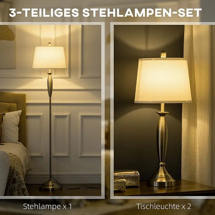 Homcom Stehleuchte - 40 W, Höhe: 162 cm, Silber, Weiß, E27 - 3-teiliges Lampenset: 1 Stehlampe und 2 Tischleuchten aus gebürstetem Messington mit cremefarbenen Stoffschirmen.