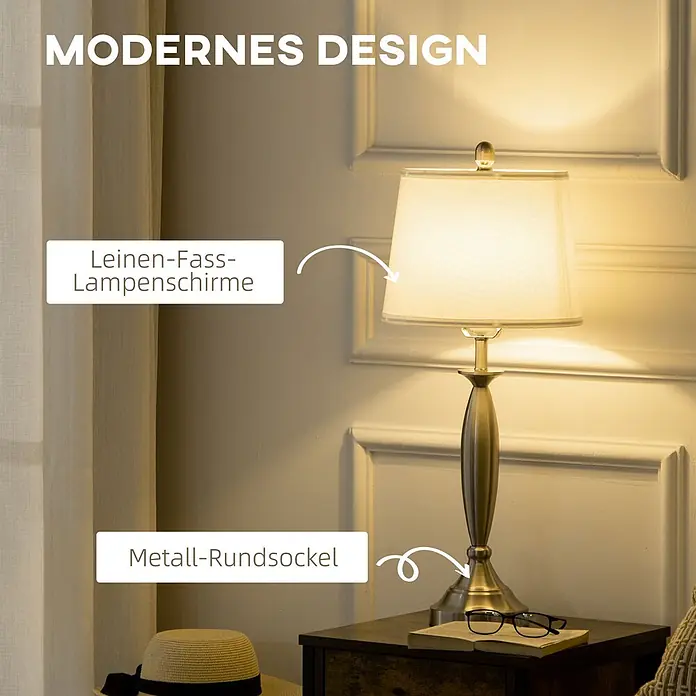 Homcom Stehleuchte - 40 W, Höhe: 162 cm, Silber, Weiß, E27 - Eine moderne Tischleuchte mit Leinen-Lampenschirm und rundem Metallsockel, beleuchtet auf einem Nachttisch.
