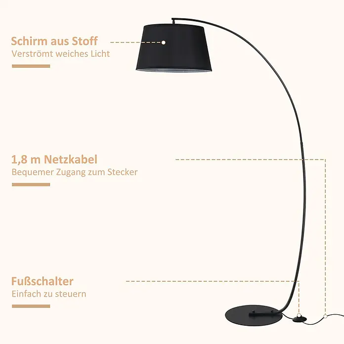 Homcom Stehleuchte - 40 W, Höhe: 190 cm, Schwarz, Schwarz, E27 - Schwarze Bogen-Stehlampe mit Stoffschirm, 1,8m Kabel und Fußschalter für weiches, leicht steuerbares Licht.