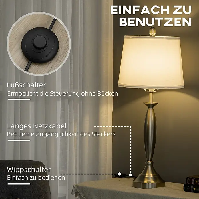 Homcom Stehleuchte - 40 W, Höhe: 162 cm, Silber, Weiß, E27 - Bronzefarbene Tischleuchte mit cremefarbenem Schirm, mit Fuß-, Wippschalter und langem Kabel für einfache Bedienung und Zugänglichkeit.