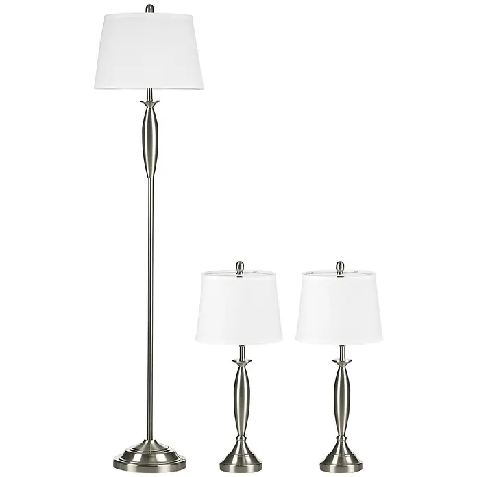Homcom Stehleuchte - 40 W, Höhe: 162 cm, Silber, Weiß, E27 - Lampenset aus gebürstetem Nickel mit einer Stehlampe und zwei passenden Tischlampen, alle mit weißen Stoffschirmen.
