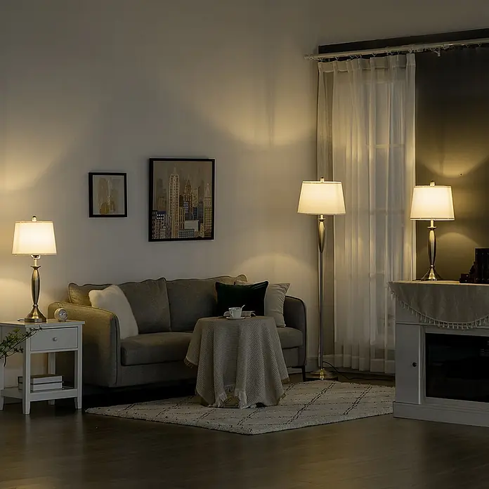 Homcom Stehleuchte - 40 W, Höhe: 162 cm, Silber, Weiß, E27 - Gebürstete Messing Tisch- und Stehleuchten mit weißen Stoffschirmen erhellen ein gemütliches Wohnzimmer mit warmem Licht.