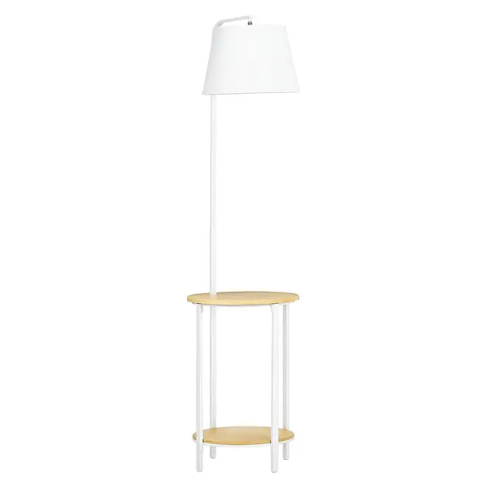 Homcom Stehleuchte - 40 W, Höhe: 162 cm, Weiß, Weiß, E27 - Weiße Stehlampe mit integriertem Beistelltisch aus hellem Holz.