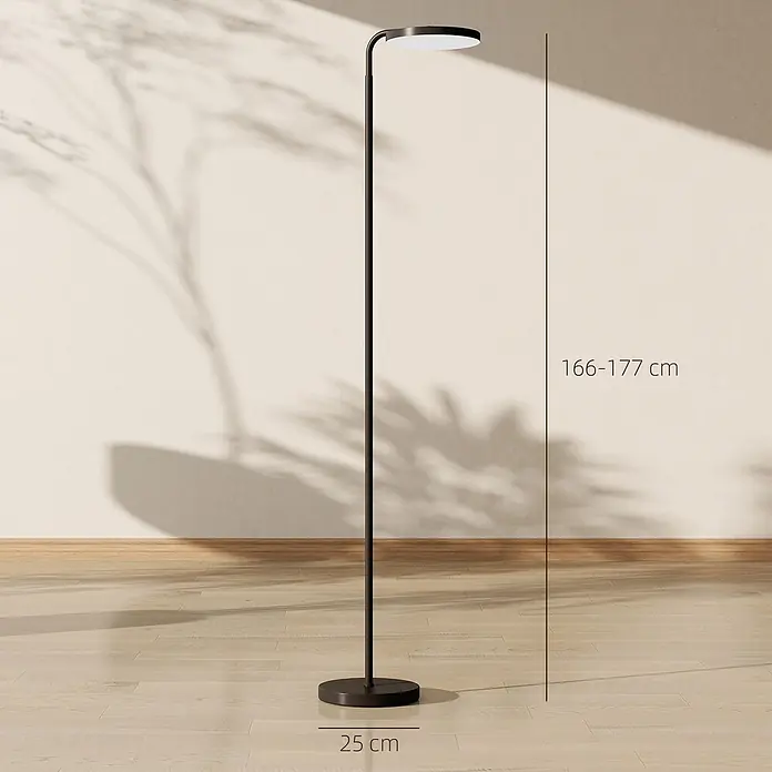 Homcom Stehleuchte - 30 W, Höhe: 177 cm, Schwarz, Schwarz - Schwarze Stehlampe mit rundem Fuß und Kopf, auf Holzboden stehend. Höhenverstellbar 166-177 cm, Basis 25 cm.