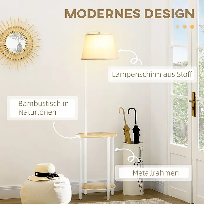 Homcom Stehleuchte - 40 W, Höhe: 162 cm, Weiß, Weiß, E27 - Moderne Stehleuchte mit Stoffschirm, integriertem Bambustisch und weißem Metallrahmen.