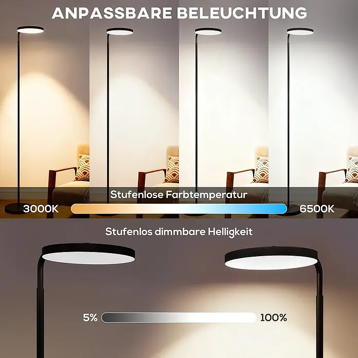 Homcom Stehleuchte - 30 W, Höhe: 177 cm, Schwarz, Schwarz - Schwarze Stehlampe zeigt anpassbare Lichtfunktionen: stufenlose Farbtemperatur (3000K-6500K) und dimmbare Helligkeit (5%-100%).