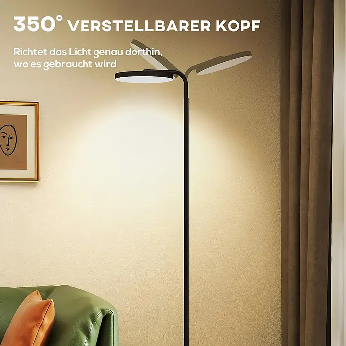 Homcom Stehleuchte - 30 W, Höhe: 177 cm, Schwarz, Schwarz - Schwarze Stehleuchte mit drei um 350° verstellbaren LED-Köpfen beleuchtet ein Wohnzimmer für vielseitige Ausleuchtung.