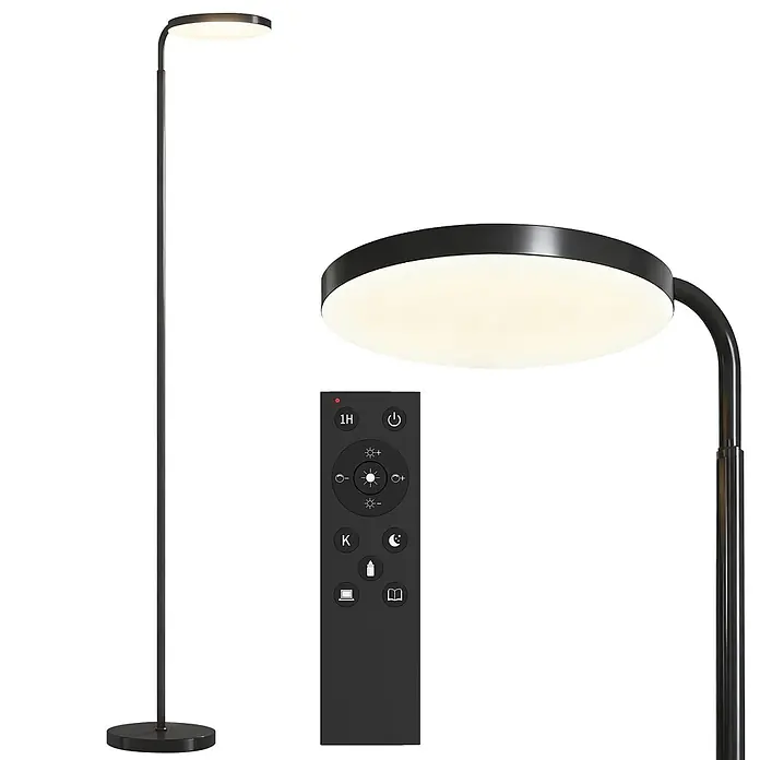 Homcom Stehleuchte - 30 W, Höhe: 177 cm, Schwarz, Schwarz - Schwarze LED-Stehleuchte mit rundem Kopf, abgebildet mit Fernbedienung zur Dimm- und Farbanpassung.