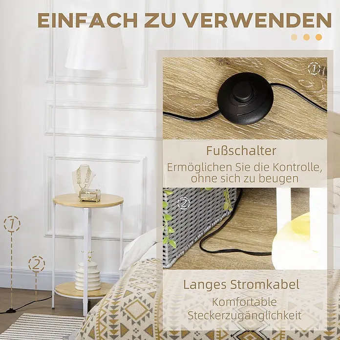 Homcom Stehleuchte - 40 W, Höhe: 162 cm, Weiß, Weiß, E27 - Stehleuchte mit Beistelltisch und Fußschalter im Schlafzimmer, hebt langes Kabel und einfache Bedienung hervor.