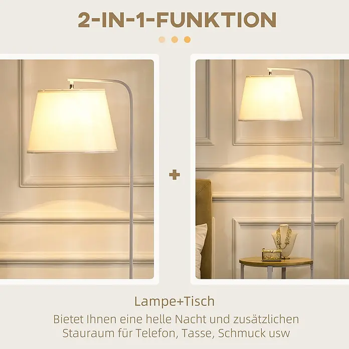 Homcom Stehleuchte - 40 W, Höhe: 162 cm, Weiß, Weiß, E27 - Weiße 2-in-1 Stehlampe mit hellem Stoffschirm und integriertem runden Holztisch für Licht und Ablage.