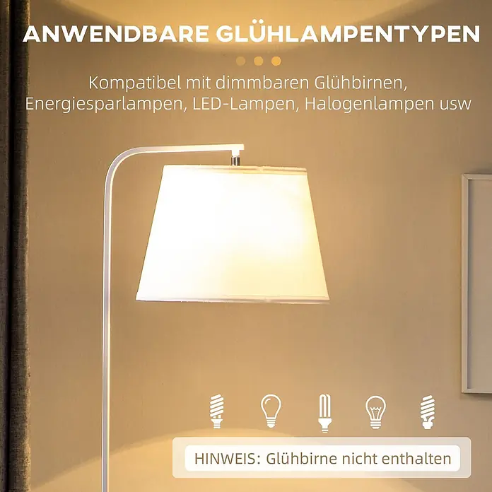 Homcom Stehleuchte - 40 W, Höhe: 162 cm, Weiß, Weiß, E27 - Eine weiße Stehlampe mit konischem Lampenschirm, die warmes Licht in einem Innenraum spendet.