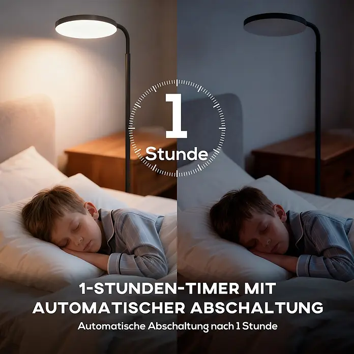 Homcom Stehleuchte - 30 W, Höhe: 177 cm, Schwarz, Schwarz - Stehlampe mit 1-Stunden-Timer und automatischer Abschaltung, gezeigt im Betrieb und ausgeschaltet während ein Kind schläft.