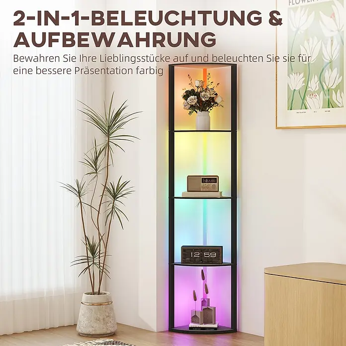 Homcom Stehleuchte - 40 W, Höhe: 163 cm, Schwarz, Schwarz - Schwarzes Eckregal mit mehrfarbiger LED-Beleuchtung, das Dekorationsartikel in einem modernen Wohnraum präsentiert.