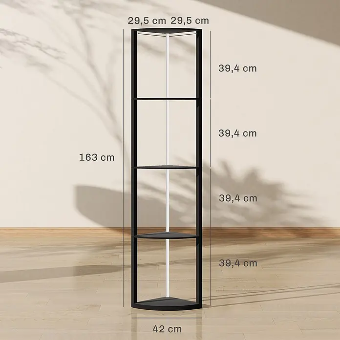 Homcom Stehleuchte - 40 W, Höhe: 163 cm, Schwarz, Schwarz - Schwarzes 5-stöckiges Eckregal mit weißer Mittelstange. Höhe 163 cm, Breite 42 cm, Regaltiefe 29,5 cm, Fachabstand 39,4 cm.