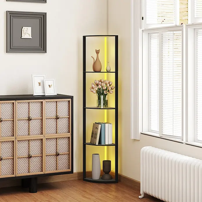 Homcom Stehleuchte - 40 W, Höhe: 163 cm, Schwarz, Schwarz - Hohes schwarzes Eckregal mit Glasböden und gelber LED-Beleuchtung, zur Präsentation von Dekoartikeln.