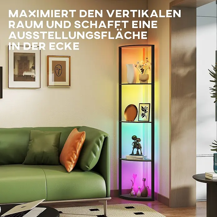 Homcom Stehleuchte - 40 W, Höhe: 163 cm, Schwarz, Schwarz - Schwarzes Eckregal mit farbiger LED-Beleuchtung präsentiert Dekoartikel und nutzt den Raum in der Wohnzimmerecke.