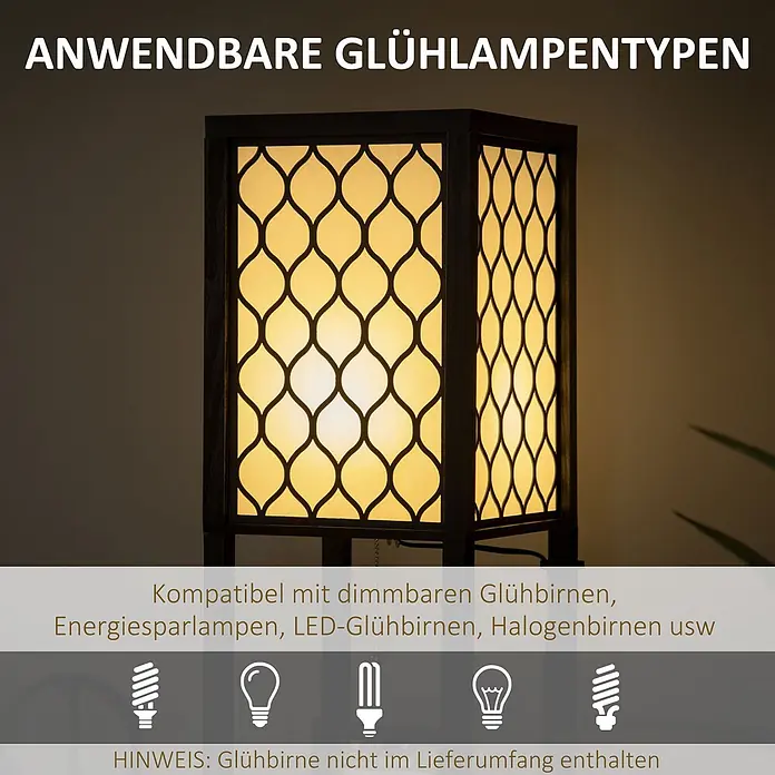Homcom Stehleuchte - 40 W, Höhe: 156 cm, Schwarz, Schwarz - Beleuchtete Tischlampe mit dunklem Holzrahmen und dekorativen lichtdurchlässigen Paneelen, in Innenräumen dargestellt.