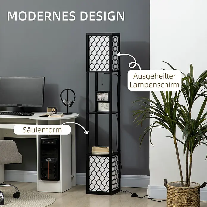 Homcom Stehleuchte - 40 W, Höhe: 156 cm, Schwarz, Schwarz - Schwarze Stehlampe in Säulenform mit integrierten Regalen und dekorativen Musterschirmen, gezeigt in einem modernen Heimbüro.