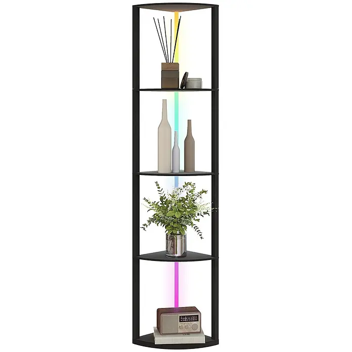 Homcom Stehleuchte - 40 W, Höhe: 163 cm, Schwarz, Schwarz - Schwarzes 4-stöckiges Eckregal mit integrierter RGB-LED-Beleuchtung.