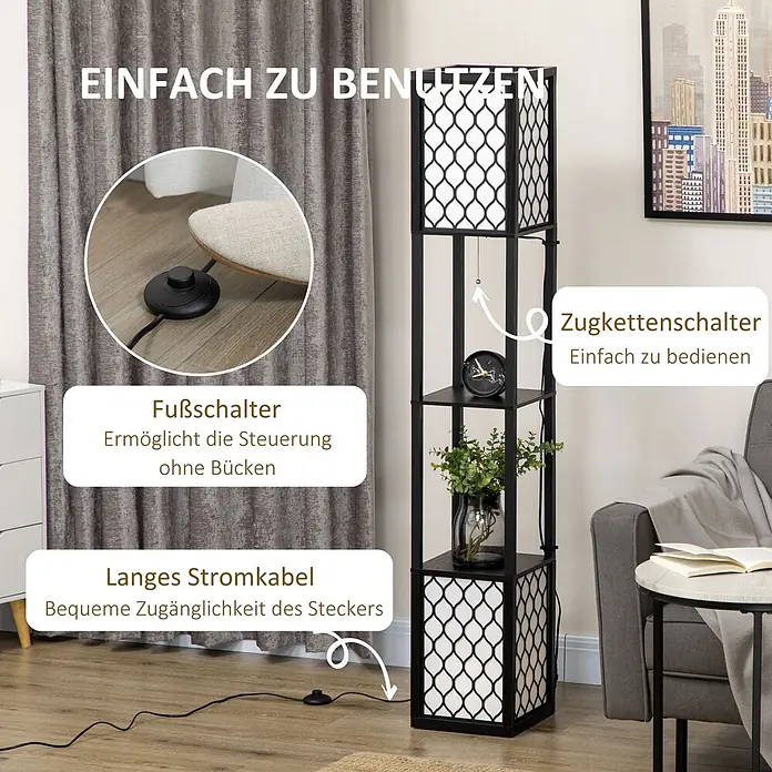 Homcom Stehleuchte - 40 W, Höhe: 156 cm, Schwarz, Schwarz - Schwarze Stehlampe mit Regalen, weißen gemusterten Schirmen, Fußschalter, Zugkette und langem Kabel für einfache Bedienung.