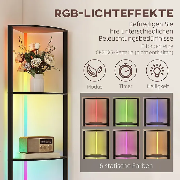 Homcom Stehleuchte - 40 W, Höhe: 163 cm, Schwarz, Schwarz - Stilvolles schwarzes Eckregal mit integrierter RGB-Beleuchtung, zeigt einstellbare Modi, Timer, Helligkeit und 6 statische Farboptionen.