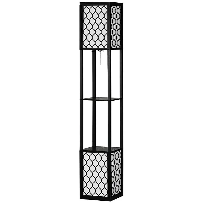 Homcom Stehleuchte - 40 W, Höhe: 156 cm, Schwarz, Schwarz - Schwarze Stehlampe mit zwei Gitter-Schirmen und zwei integrierten Ablagen, mit Zugschalter.