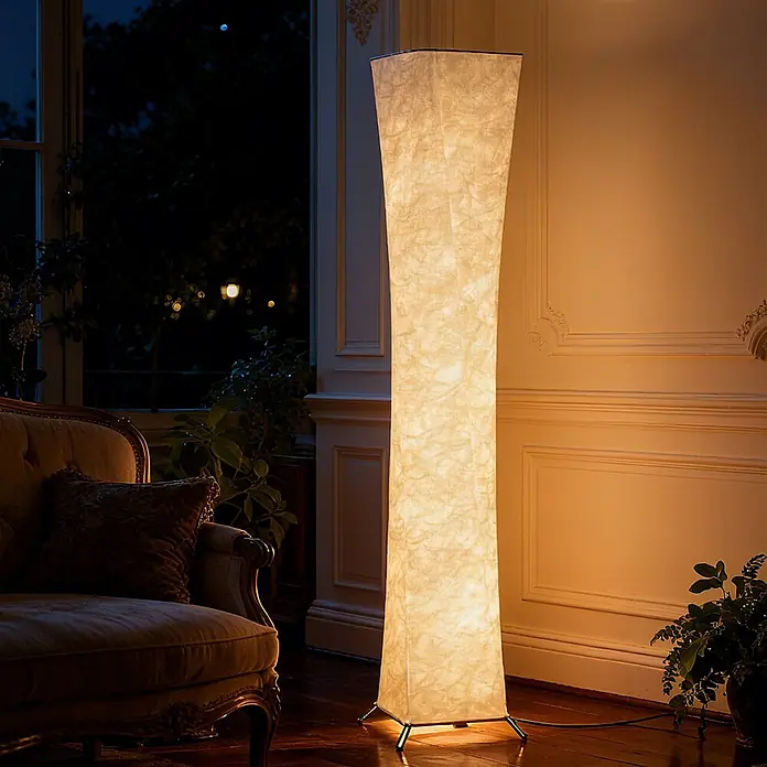 Homcom Stehleuchte - 12 W, Silberton, Weiß, Silberton, Weiß - Hohe, rechteckige Stehlampe mit zerknittertem, warmweißem, durchscheinendem Schirm, die einen Raum nachts neben einem Sofa beleuchtet.