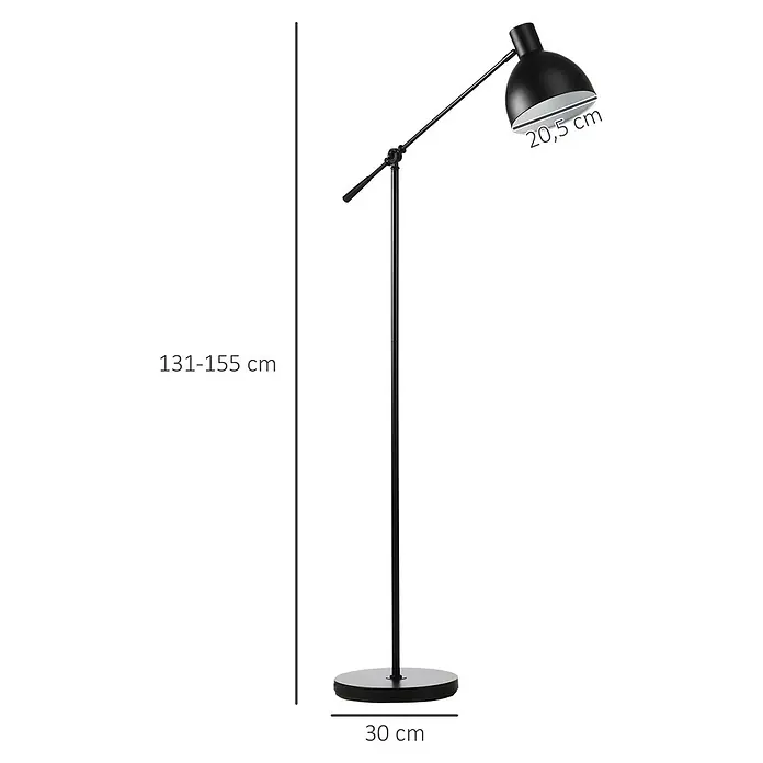 Homcom Stehleuchte - 40 W, Schwarz, Schwarz, E27 - Schwarze verstellbare Stehlampe mit Gelenkarm und rundem Fuß.