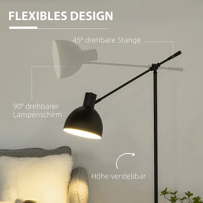 Homcom Stehleuchte - 40 W, Schwarz, Schwarz, E27 - Eine schwarze, höhenverstellbare Stehlampe mit drehbarer Stange und Lampenschirm beleuchtet einen Lesebereich.