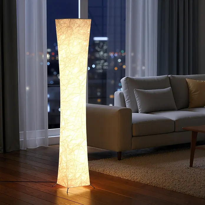 Homcom Stehleuchte - 12 W, Silberton, Weiß, Silberton, Weiß - Hohe, leuchtende Stehlampe mit strukturiertem, hellem Schirm, die ein modernes Wohnzimmer nachts beleuchtet.
