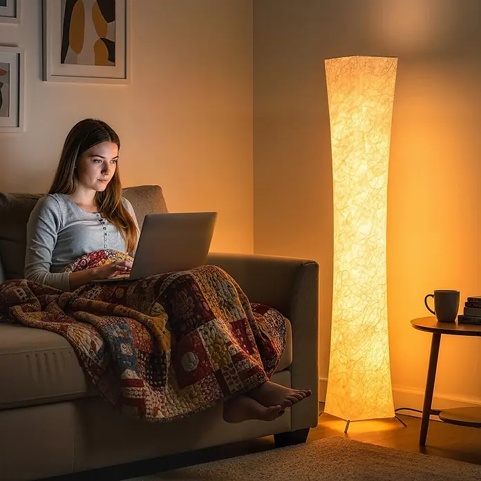 Homcom Stehleuchte - 12 W, Silberton, Weiß, Silberton, Weiß - Hohe, rechteckige Stehleuchte mit strukturiertem, hellem Schirm, die warmes Licht in einem Wohnzimmer spendet.